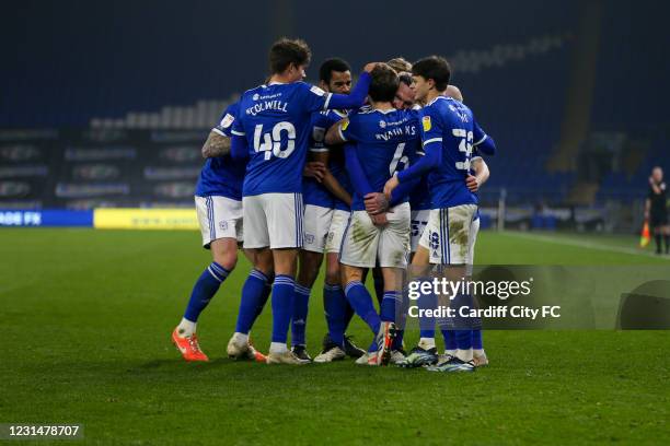 Will Vaulks celebrates the fourth goal for Cardiff City FC during the Sky Bet Championship match between Cardiff City and Derby County at Cardiff...