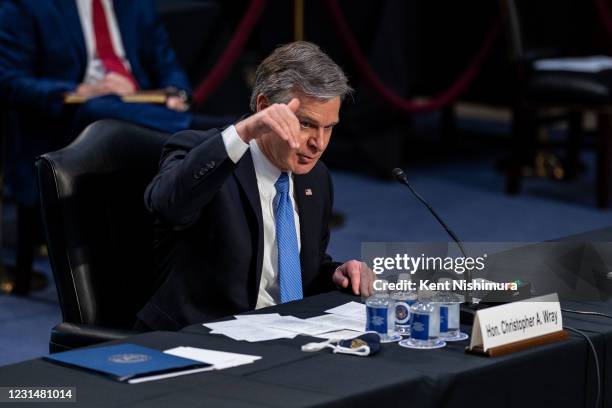 Director Christopher Wray speaks during a Senate Judiciary Committee hearing on Capitol Hill on Tuesday, March 2, 2021 in Washington, DC. In his...