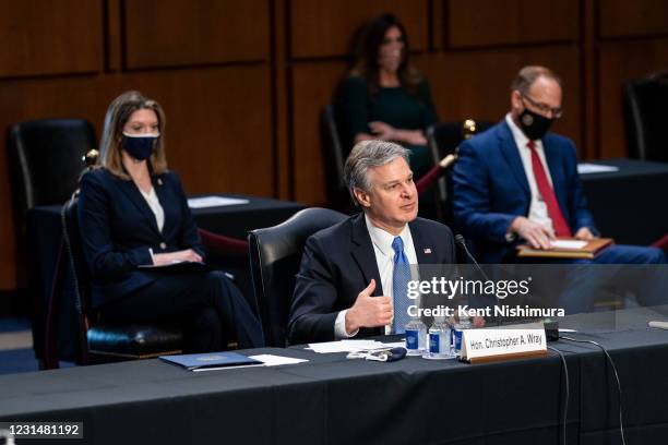 Director Christopher Wray speaks during a Senate Judiciary Committee hearing on Capitol Hill on Tuesday, March 2, 2021 in Washington, DC. In his...