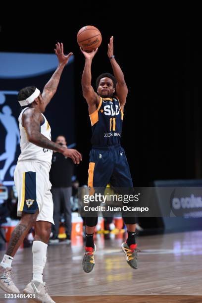 Yogi Ferrell of the Salt Lake City Stars shoots three point basket against the Fort Wayne Mad Ants on March 2, 2021 at AdventHealth Arena in Orlando,...