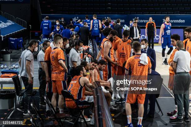 Derrick Williams and his teammates of Valencia Basket prepare to play against Anadolu Efes Istanbul in Round 27 of the 2020/2021 Turkish Airlines...