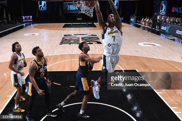 Devin Robinson of the Fort Wayne Mad Ants dunks the ball against the Salt Lake City Stars on March 2, 2021 at AdventHealth Arena in Orlando, Florida....
