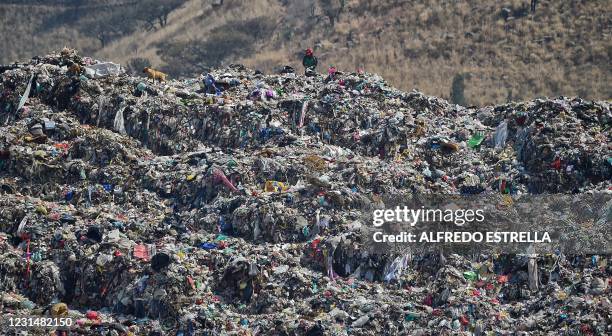 Scavenger is seen at the municipal garbage dump in Chimalhuacan, Mexico state, Mexico, on February 24, 2021. - The COVID-19 pandemic made schools...