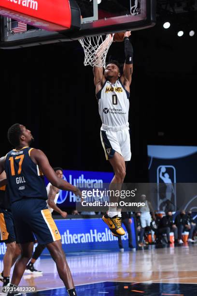 Jalen Lecque of the Fort Wayne Mad Ants dunks the ball against the Salt Lake City Stars on March 2, 2021 at AdventHealth Arena in Orlando, Florida....