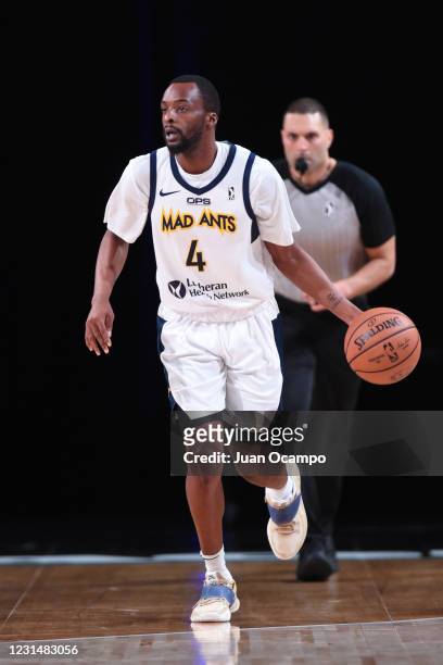Quincy McKnight of the Fort Wayne Mad Ants handles the ball against the Salt Lake City Stars on March 2, 2021 at AdventHealth Arena in Orlando,...