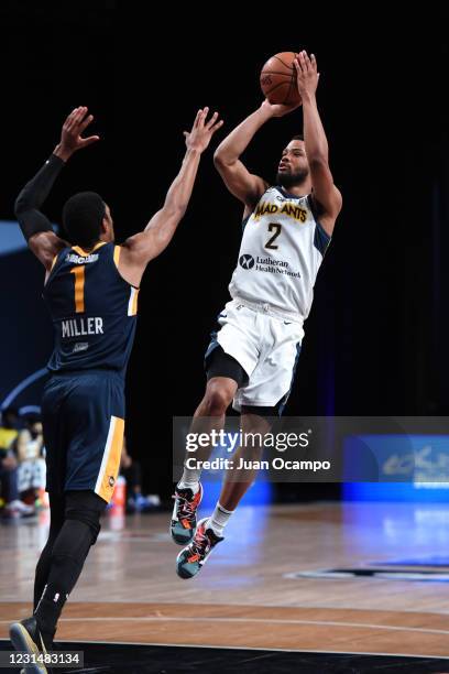 Devin Robinson of the Fort Wayne Mad Ants shoots the ball against the Salt Lake City Stars on March 2, 2021 at AdventHealth Arena in Orlando,...