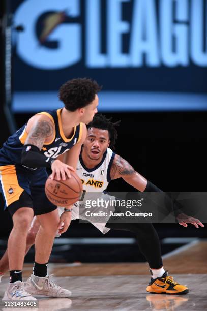 Jalen Lecque of the Fort Wayne Mad Ants plays defense against the Salt Lake City Stars on March 2, 2021 at AdventHealth Arena in Orlando, Florida....