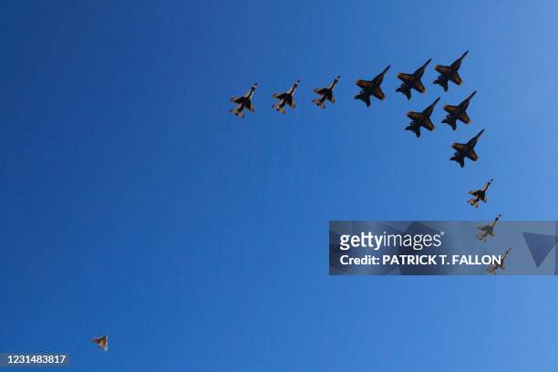Real wildlife bird, bottom left corner, takes flight as the US Navy Blue Angels and US Air Force Thunderbirds perform a formation unveiled as the...