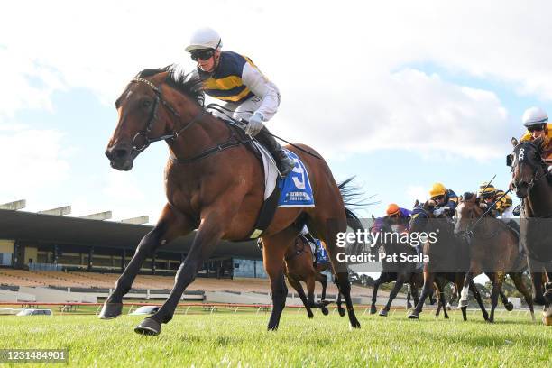 Eagles Crag ridden by Jamie Kah wins the Tile Importer Handicap at Ladbrokes Park Lakeside Racecourse on March 03, 2021 in Springvale, Australia.