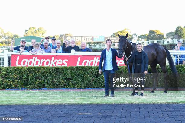 Connections of Fighting Harada after winning the MRC Members Handicap at Ladbrokes Park Lakeside Racecourse on March 03, 2021 in Springvale,...