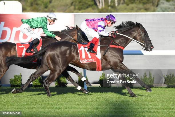 Fighting Harada ridden by Dean Yendall wins the MRC Members Handicap at Ladbrokes Park Lakeside Racecourse on March 03, 2021 in Springvale, Australia.