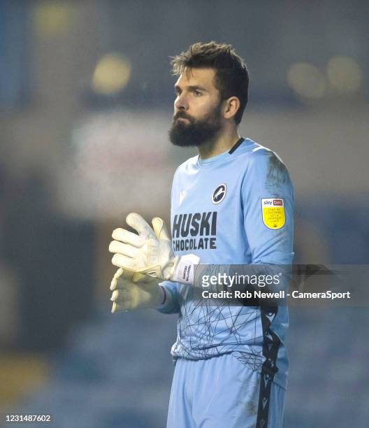Millwall's Bartosz Bialkowski during the Sky Bet Championship match between Millwall and Preston North End at The Den on March 2, 2021 in London,...
