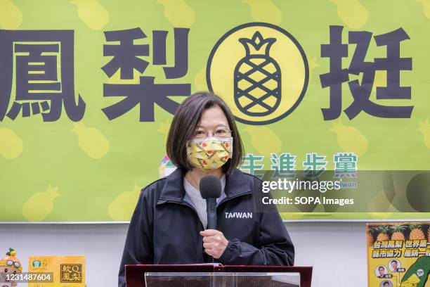 Tsai Ing-Wen, Taiwanese President and chairwoman of the DPP, speaks during a press conference at the Democratic Progressive Party office. In response...