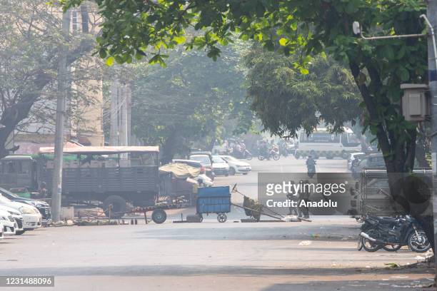 Soldiers block the road during a protest against the military coup in Mandalay, Myanmar on March 3, 2021.