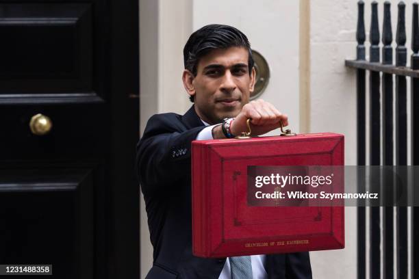 Chancellor of the Exchequer Rishi Sunak holds the Budget box outside 11 Downing Street in central London ahead of the announcement of the Spring...