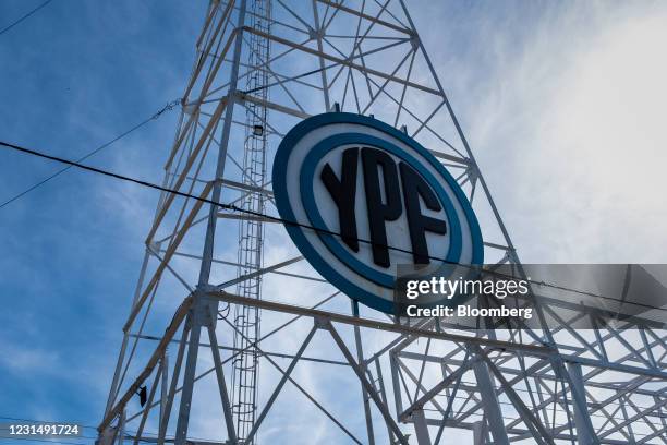 Signage at a YPF SA facility in Plaza Huincul, Neuquen province, Argentina, on Tuesday, March 2, 2021. YPF, Argentinas state-run oil company, needs...