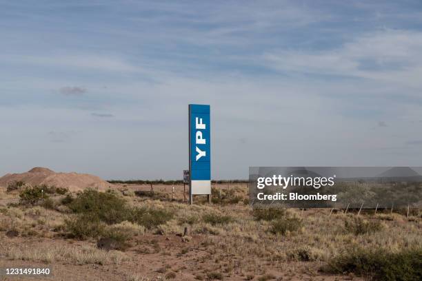 Signage near Plaza Huincul, Neuquen province, Argentina, on Tuesday, March 2, 2021. YPF, Argentinas state-run oil company, needs to come up with more...