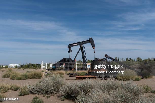 Pump jack at a YPF SA facility in Plaza Huincul, Neuquen province, Argentina, on Tuesday, March 2, 2021. YPF, Argentinas state-run oil company, needs...