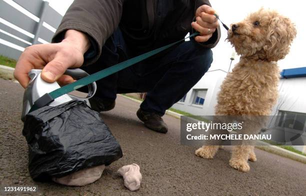 Le Roumain Remus Cioboloc présente, le 15 décembre 2005 à Falaise, sous le regard du caniche Praline, son invention qui devrait contribuer à la...