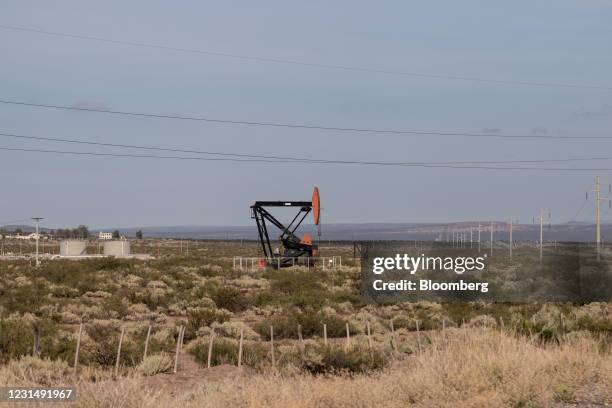 Pump jacks near a YPF SA facility in Plaza Huincul, Neuquen province, Argentina, on Tuesday, March 2, 2021. YPF, Argentinas state-run oil company,...