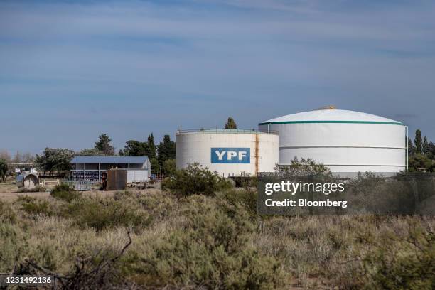 Storage tanks at a YPF SA facility in Plaza Huincul, Neuquen province, Argentina, on Tuesday, March 2, 2021. YPF, Argentinas state-run oil company,...
