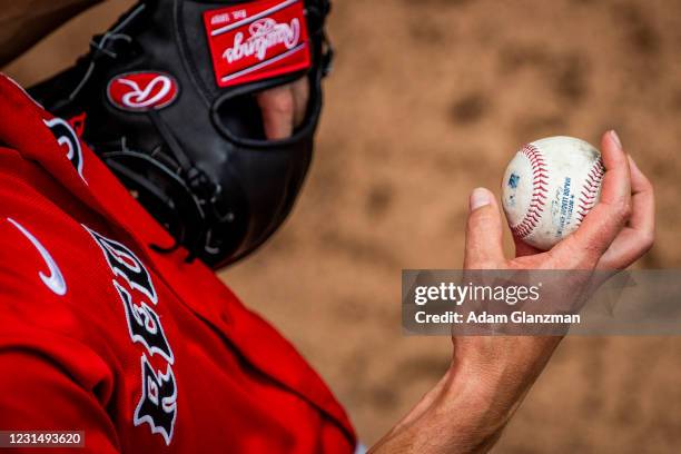 Detail shot of the grip used by Daniel Gossett of the Boston Red Sox in the bullpen during the Spring Training game the Minnesota Twins at...