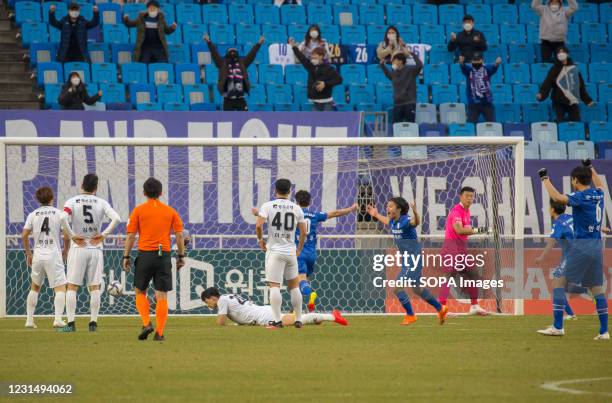 Ko Seung-Beom of Suwon Samsung Bluewings FC and his teammates celebrate a goal during the 1st round of the 2021 K League match between Suwon Samsung...