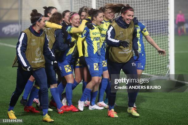 Polten's Mateja Zver celebrates scoring with her team-mates during the UEFA Women's Champions League round of 16, first-leg football match between FC...