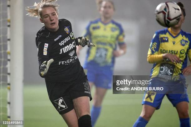 Polten goalkeper Isabella Kresche defends her goal during the UEFA Women's Champions League round of 16, first-leg football match between FC...