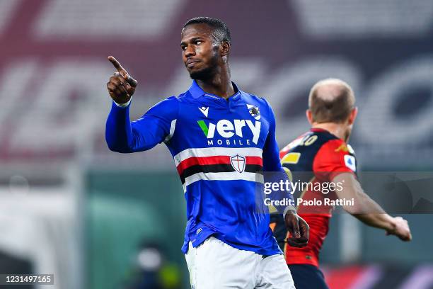 Keita Balde of Sampdoria gestures during the Serie A match between Genoa CFC and UC Sampdoria at Stadio Luigi Ferraris on March 3, 2021 in Genoa,...