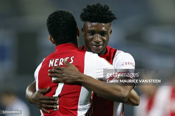 David Neres and Mohammed Kudus celebrate after scoring a goal during the KNVB Cup semi-final match between sc Heerenveen and Ajax Amsterdam at the...