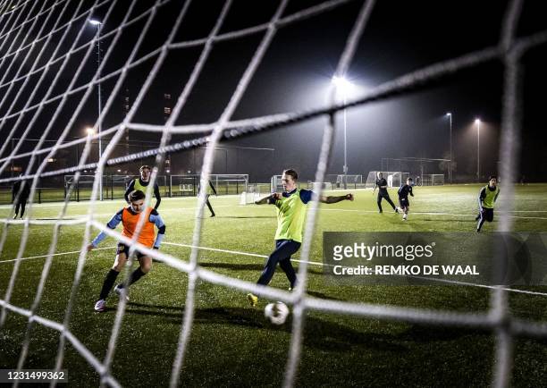 Footballers of the FC Purmerend attend a training session as the age required for outdoor sports in a team has been leveled up to 27 years, in...