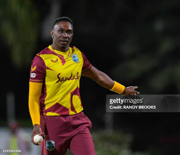 Dwayne Bravo of West Indies sets the field during a T20i match between Sri Lanka and West Indies at Coolidge Cricket Ground on March 3, 2021 in...