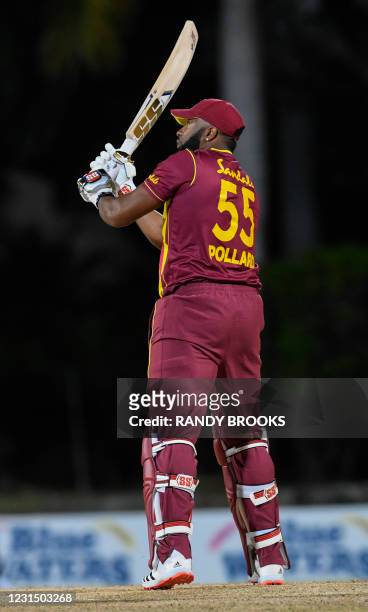 Kieron Pollard of West Indies hitting 6 sixes off Akila Dananjaya of Sri Lanka during a T20i match between Sri Lanka and West Indies at Coolidge...