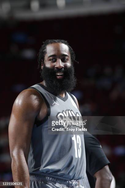James Harden of the Brooklyn Nets smiles during the game against the Houston Rockets on March 3, 2021 at the Toyota Center in Houston, Texas. NOTE TO...