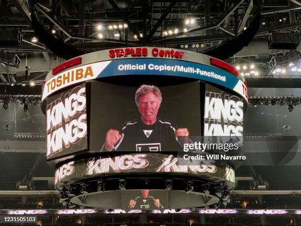 Will Ferrell roots for the Los Angeles Kings on the Jumbotron during the second period against the Arizona Coyotes at STAPLES Center on March 3, 2021...