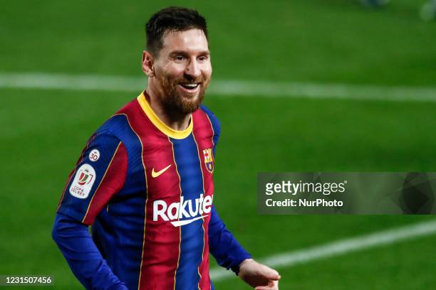 Leo Messi of FC Barcelona celebrating a goal during the Spanish Copa del Rey semi final match between FC Barcelona and Sevilla FC at Camp Nou Stadium...
