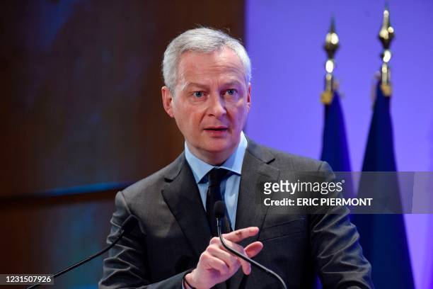 French Economy and Finance Minister Bruno Le Maire delivers a speech to present the plan of the so-called "participative loans" at the Economy...