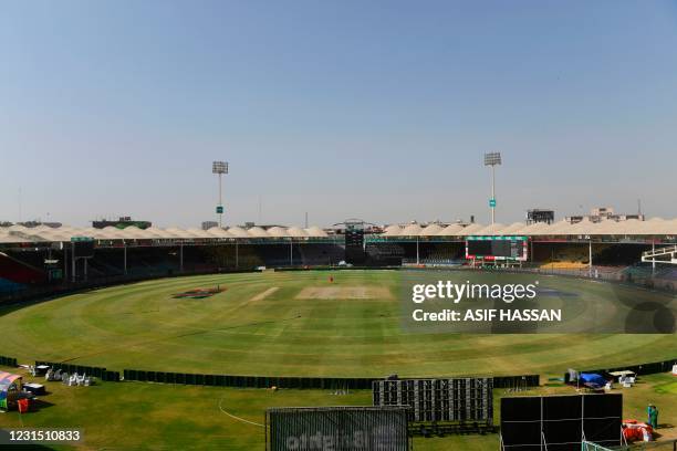 An aerial view of the empty National Stadium is pictured as the Pakistan Super League was suspended after seven players tested positive for the...