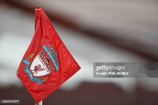 Picture shows the corner flag with the Liverpool emblem on it ahead of the English Premier League football match between Liverpool and Chelsea at...