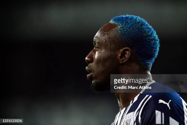 Detail of the Blue hair of Mbaye Diagne of West Bromwich Albion during the Premier League match between West Bromwich Albion and Everton at The...