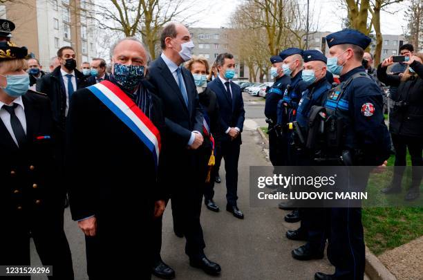 French Prime Minister Jean Castex flanked by French MP Olivier Dassault , Mayor of Beauvais, Caroline Cayeux and French Interior Minister Gerald...