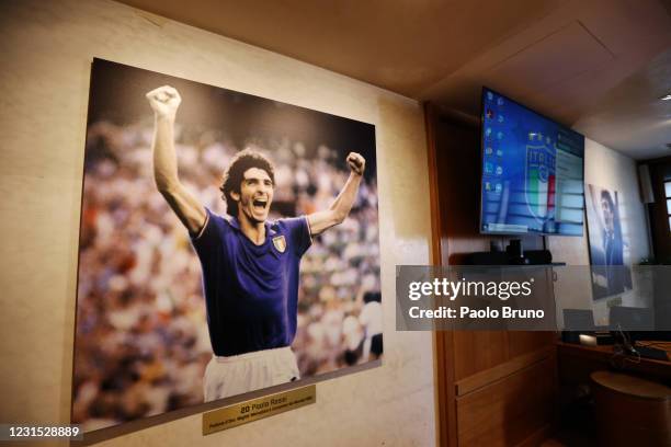 Detail of Paolo Rossi picture during the unveiling of the commemorative plaque of FIGC Assembly Room dedicated to Italian National player Paolo Rossi...