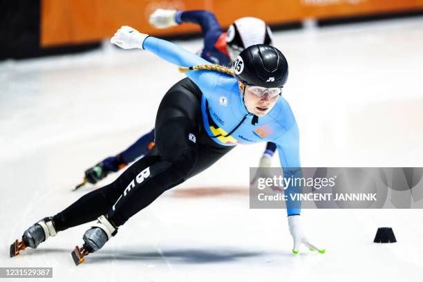 Belgium's Tineke Den Dulk competes in the heats 500 meters during the ISU World Short Track Speed Skating Championships at the Sportboulevard in...