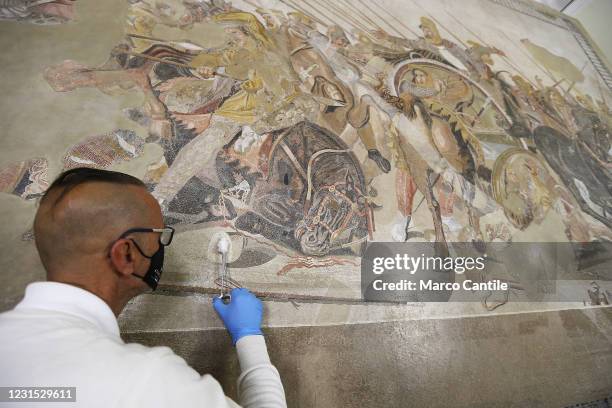 Restorer working on the Pompeian mosaic, known as Alexander the Great Mosaic, depicting the battle of Issus, found in the archaeological museum of...