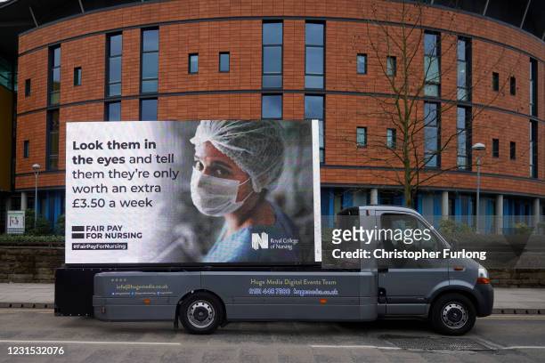 Responding to the government's NHS pay proposal, the Royal College of Nursing has released a digital billboard message showing the image of a nurse...