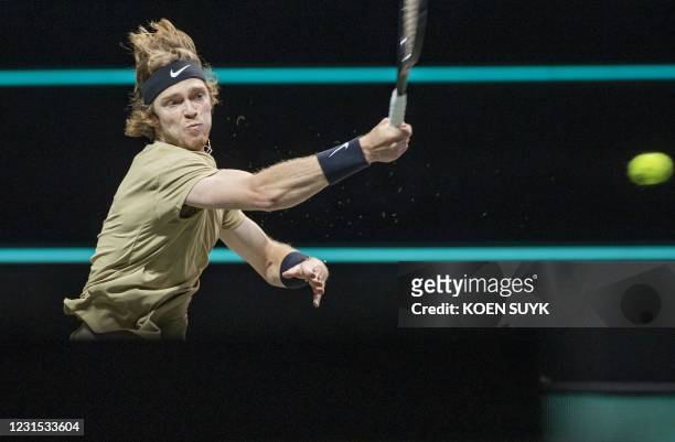 Russia's Andrey Rublev returns the ball to France's Jeremy Chardy on the fifth day of the World Tennis Tournament in Rotterdam, on March 05, 2021. /...