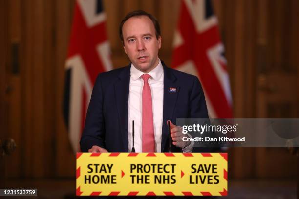 Health Secretary, Matt Hancock speaks at the government coronavirus briefing at Downing Street on March 5, 2021 in London, England. The mystery...