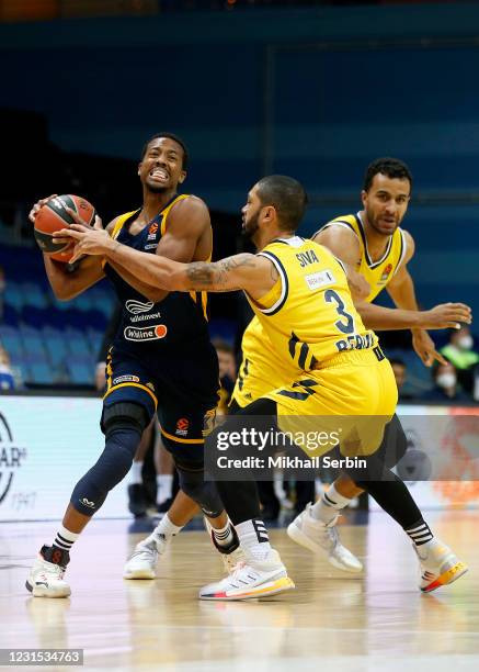 Errick McCollum, #3 of Khimki Moscow Region competes with Peyton Siva, #3 of Alba Berlin in action during the 2020/2021 Turkish Airlines EuroLeague...