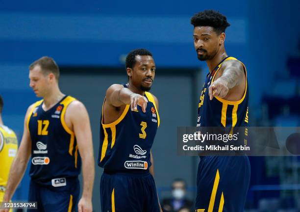 Errick McCollum, #3 and Jordan Mickey, #55 of Khimki Moscow Region in action during the 2020/2021 Turkish Airlines EuroLeague Regular Season Round 28...